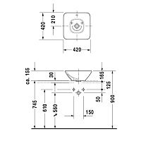 Duravit Bacino Раковина с переливом, 42x42 см, цвет белый 0333420000