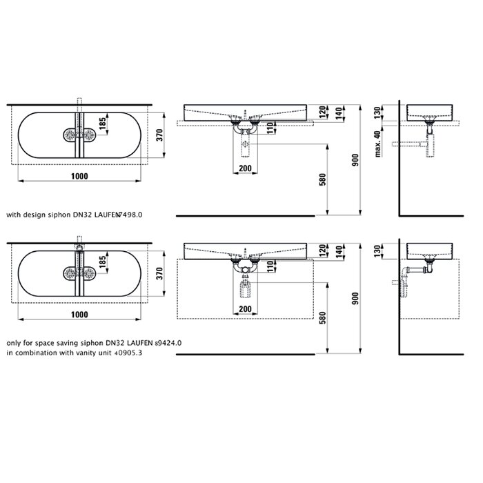 Laufen Sonar Раковина двойная 100x37хh13 см, цвет белый 8.1234.8.000.112.1