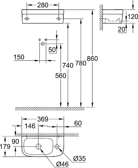 Grohe Euro Ceramic Рукомойник подвесной, 36,9x17,9 см, цвет: белый 39327000 39327000