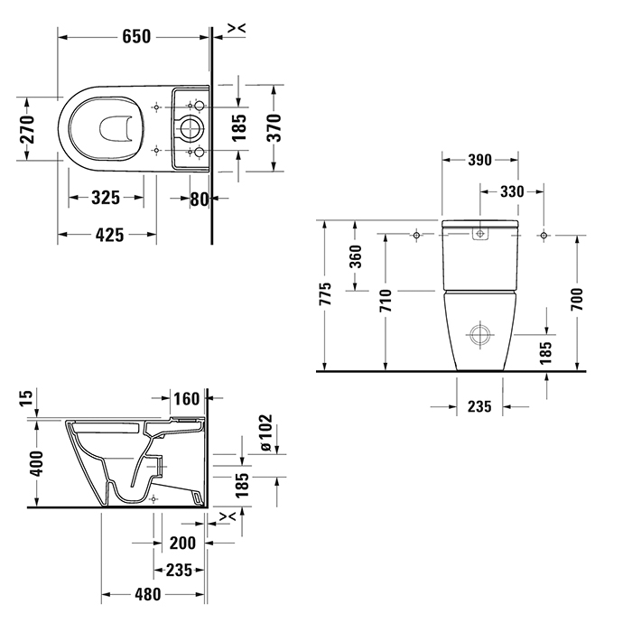 Duravit D-Neo Чаша унитаза напольная без крышки и бачка 39x65 см, цвет: белый 2002090000