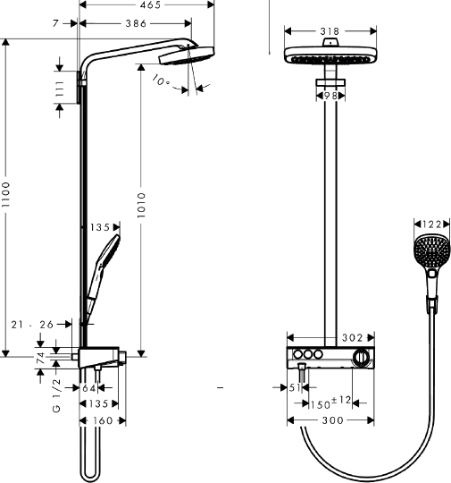 Hansgrohe Raindance Select E Душевая стойка:термостат,верхний душ 3 режима 32x16см, цвет: хром/белый 27127400