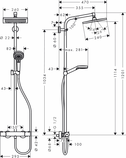 Hansgrohe Crometta E Душевая стойка: термостат, верхний душ 24x24 см, ручной душ, цвет: хром 27271000