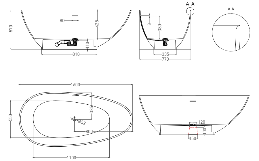 Salini Paola Ванна из S-Sense отдельностоящая 160x77 см, цвет: RAL полностью глянцевый 101511GF