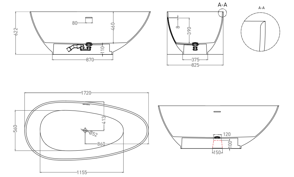 Salini Paola Ванна из S-Sense отдельностоящая 172x82,5 см, цвет: RAL полностью глянцевый 101512GF
