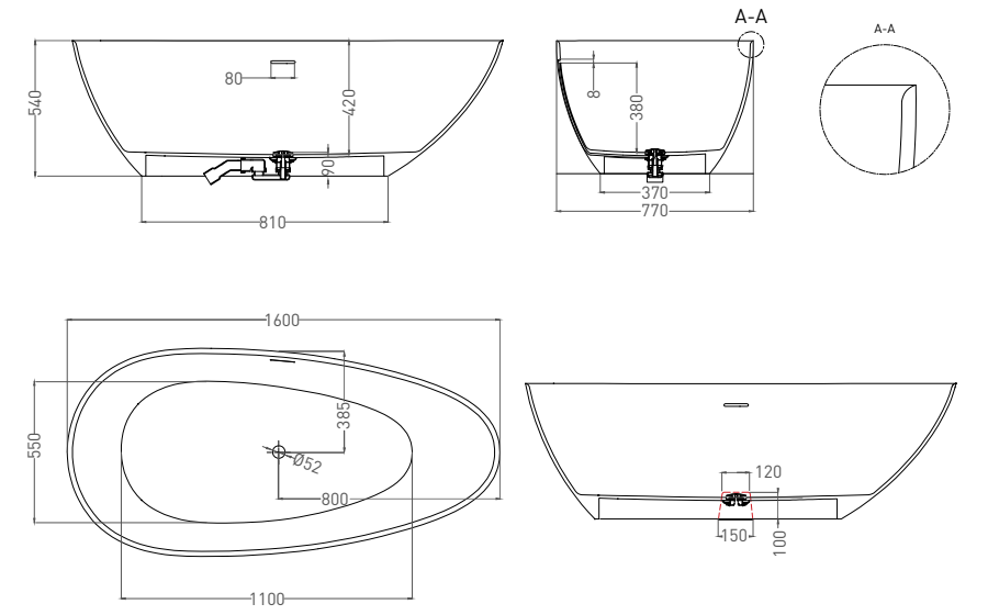 Salini Paola Ванна из S-Sense отдельностоящая 160x77 см, цвет: RAL полностью глянцевый 101611GF