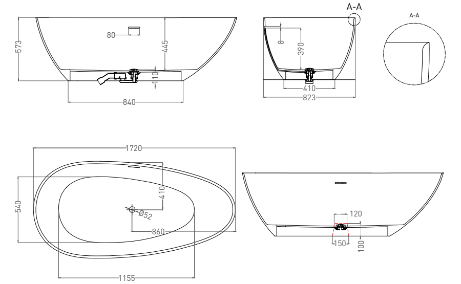 Salini Paola Ванна S-Stone отдельностоящая, перелив по центру, 172х82,3 см, цвет: белый матовый 101612SM