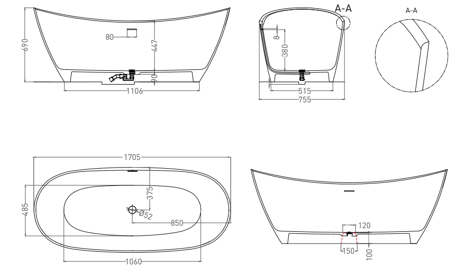 Salini Noemi Ванна из S-Sense отдельностоящая 170,5x75,5 см, цвет: белый глянцевый 101712G