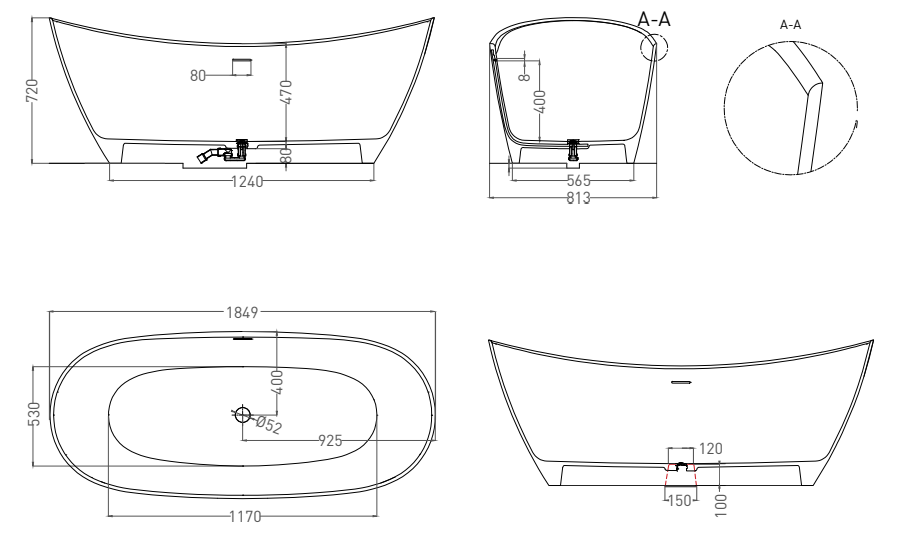Salini Noemi Ванна из S-Stone отдельностоящая 185x80 см, цвет: белый матовый 101811SM