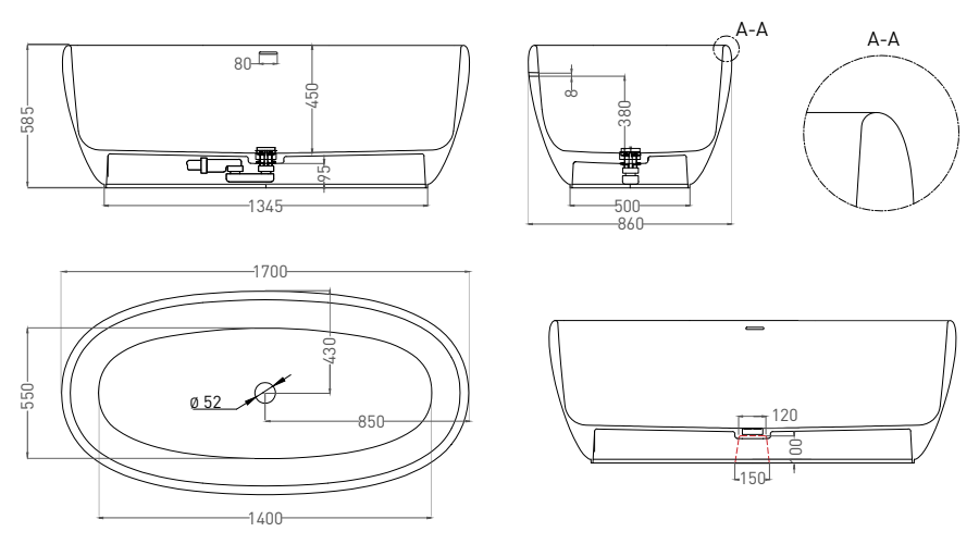 Salini Luce Ванна из S-Stone отдельностоящая 169x87 см, цвет: белый матовый 100121M