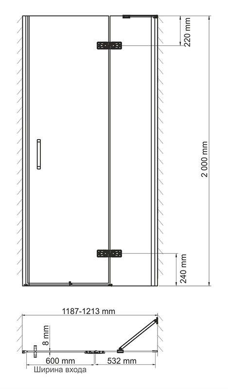 Wasserkraft Aller Стекло двери 120х200h, профиль, стекло прозрачное 10H05-SPR