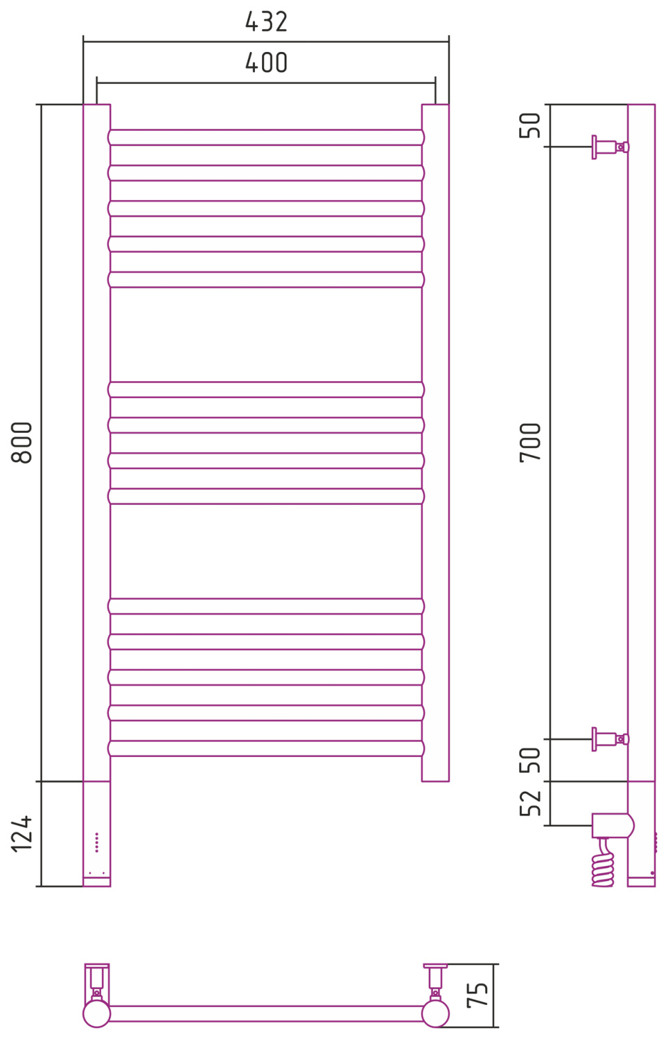 Сунержа Богема 3.0 Полотенцесушитель электрический 40x80h, лев., цвет: состар. бронза 05-5804-8040
