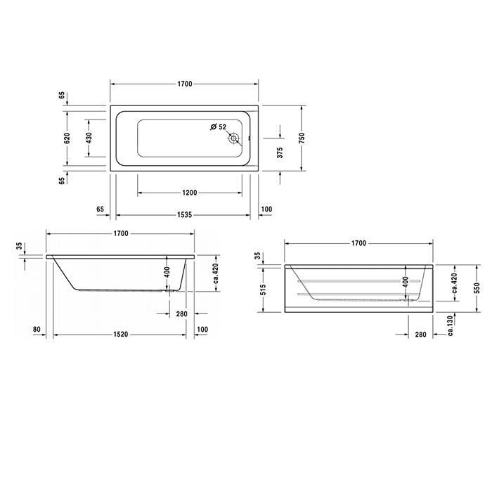 Duravit D-Code Ванна акриловая 170х75 см, выпуск в зоне ног, цвет белый 700100000000000