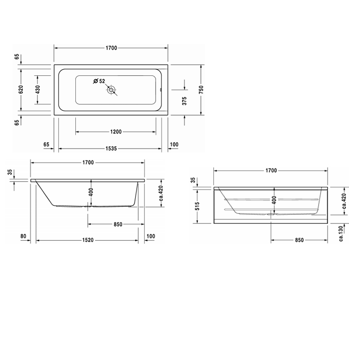 Duravit D-Code Ванна акриловая прямоугольная 170х50 см, цвет белый 700099000000000