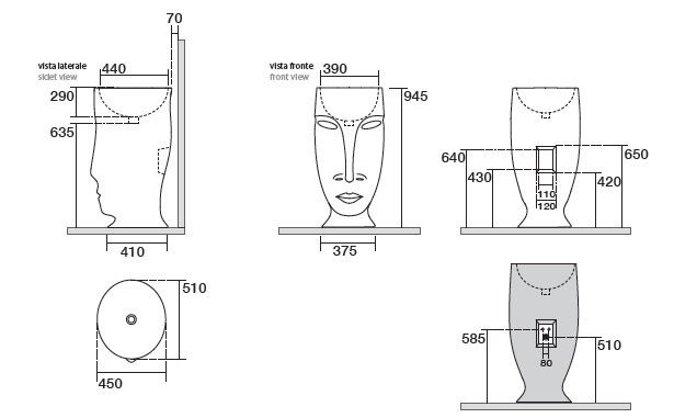 Kerasan Artwork Раковина свободностоящая MOLOCO, с отверстием для слива в стену, цвет: Bianco 474001