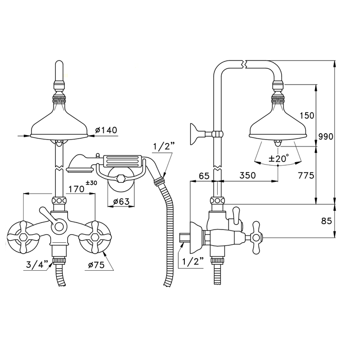 Stella Roma Душевая стойка 3284/301/314A-140 с верхним душем 14 см, цвет: хром RM 02511 CR00