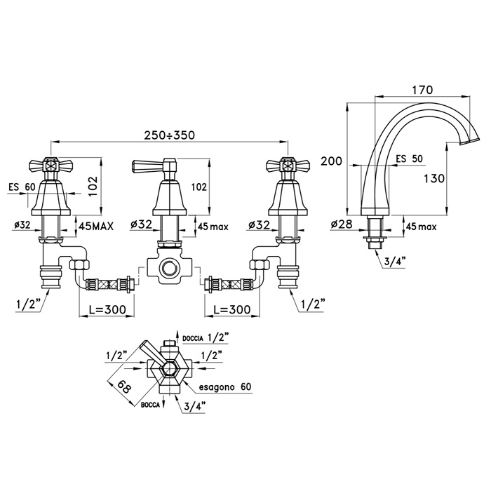 Stella Eccelsa Смеситель на борт ванны на 4 отверстия 3256TRTC, цвет хром EC 02312 CR00