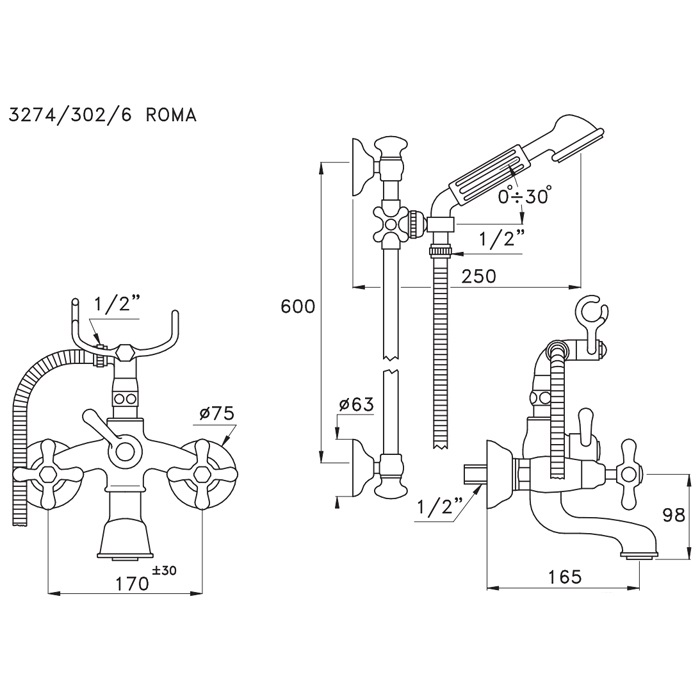 Stella Roma Смеситель для ванны 3274/302/6 со штангой и ручным душем, цвет хром RM 02203 CR00