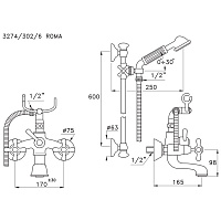 Stella Roma Смеситель для ванны 3274/302/6 со штангой и ручным душем, цвет хром RM 02203 CR00