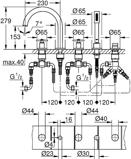 Grohe Atrio New Смеситель на борт ванны, с ручным душем, 5 отверстий, цвет: хром 19923003
