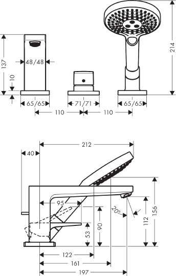 Hansgrohe Metropol Смеситель на борт ванны на 3 отв. однорыч., с руч. душем, внеш. часть, цвет: хром 32550000
