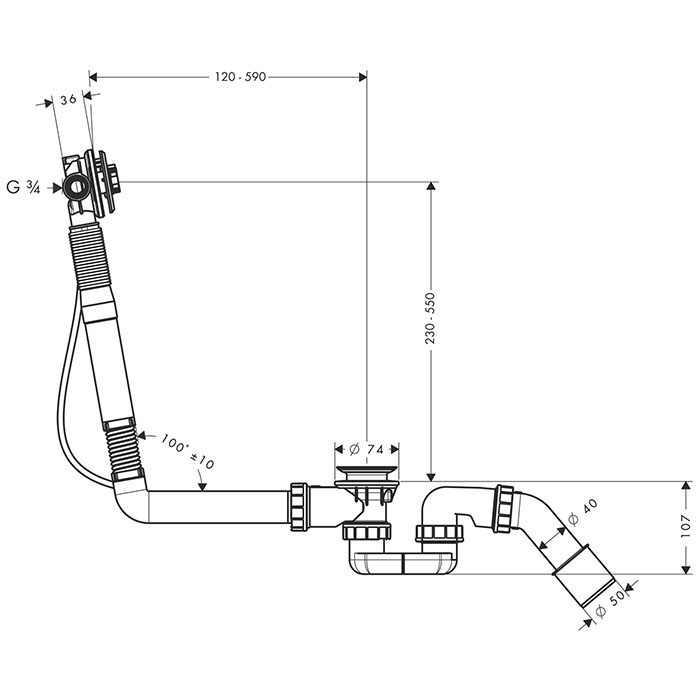 Hansgrohe Exafill S Слив-перелив для излива на ванну, для нестанд. ванн, тросик 78 см скрытая часть 58116180
