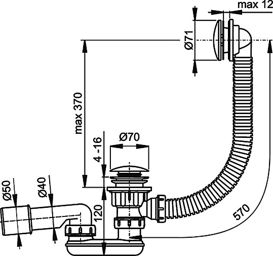Alcaplast Слив-перелив для ванн 57см click/clack металл, цвет: хром A504KM