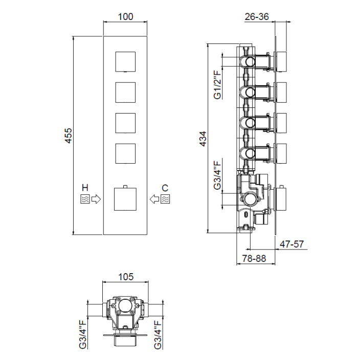 Carimali IlQuadro Внешняя часть верт. смесителя с 4-ю независ. выходами, цвет хром 21040EST-CR