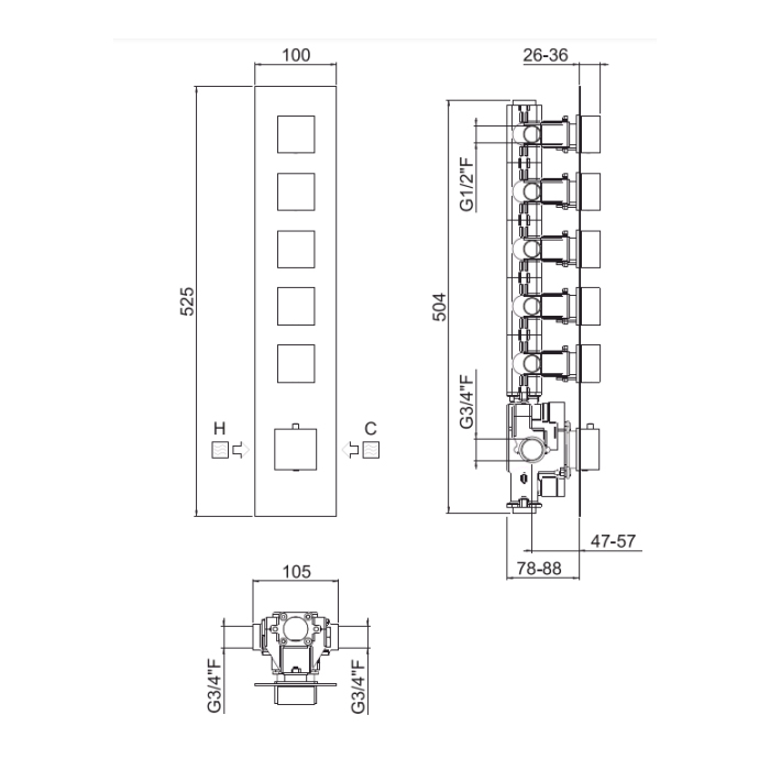 Carimali IlQuadro Внешняя часть верт. смесителя с 5-ю независ. выходами, цвет хром 21050EST-CR