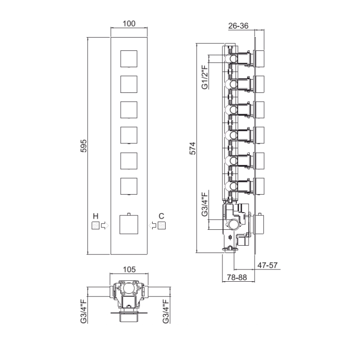Carimali IlQuadro Внешняя часть верт. смесителя с 6-ю независ. выходами, цвет хром 21060EST-CR