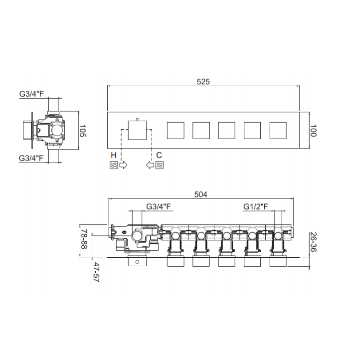Carimali IlQuadro Внешняя часть гориз. смесителя с 5-ю независ. выходами, цвет хром 21050EST/O-CR