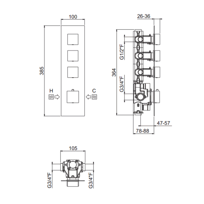Carimali IlQuadro Внешняя часть верт. смесителя на 3 потребителя. цвет хром 21030EST-CR