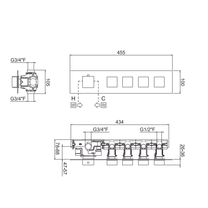 Carimali IlQuadro Внешняя часть гориз. смесителя с 4-ю независ. выходами, цвет хром 21040EST/O-CR