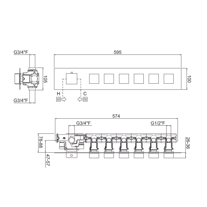 Carimali IlQuadro Внешняя часть гориз. смесителя с 6-ю независ. выходами, цвет хром 21060EST/O-CR