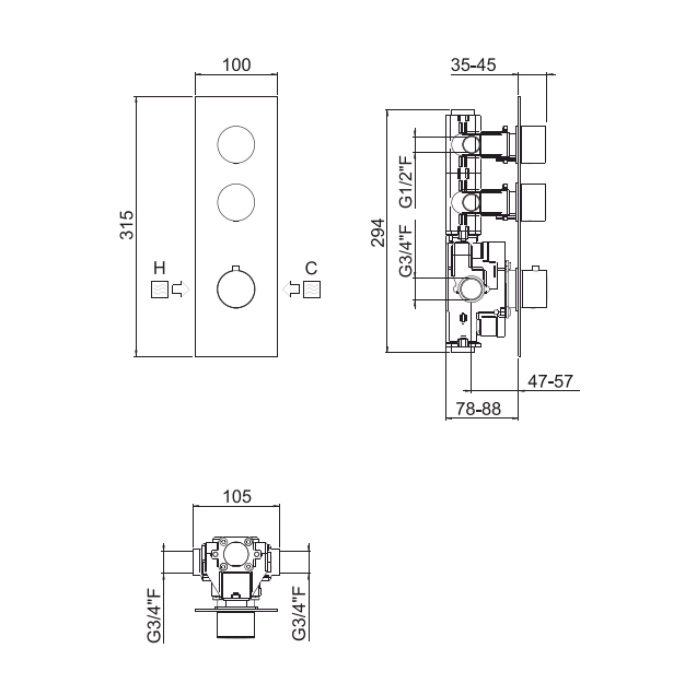 Carimali IlTondo Внешняя часть верт. двухстороннего горизонт. термост. смес. цвет хром 21029EST-CR