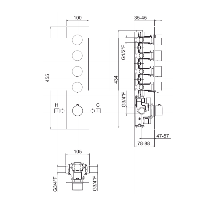 Carimali IlTondo Внешняя часть верт. смесителя с 5-ю независ. выходами, цвет хром 21049EST-CR