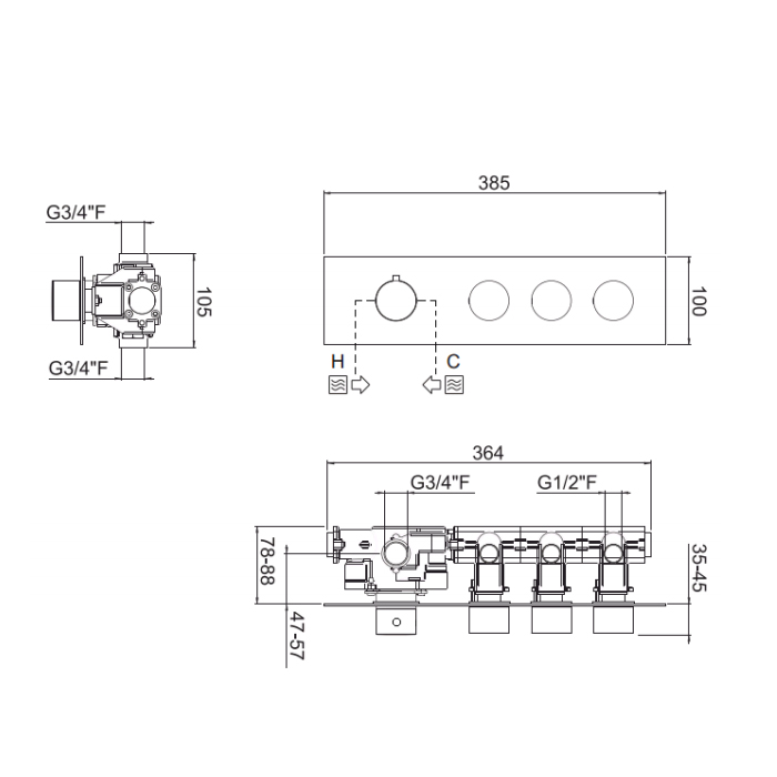 Carimali IlTondo Внешняя часть гориз. термост. смесителя на 3 потребителя, цвет хром 21039EST/O-CR