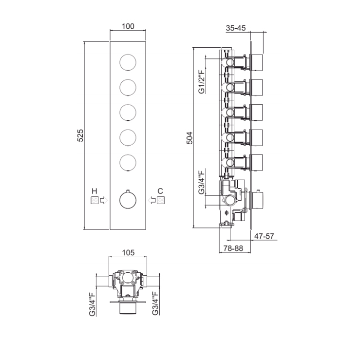 Carimali IlTondo Внешняя часть верт. для термост. смесителя с 5-ю выходами, цвет хром 21059EST-CR