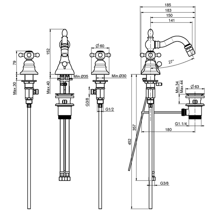 Fima Carlo Frattini Elizabeth Смеситель на биде, на 3 отверстия, цвет: бронза античная F5082BR