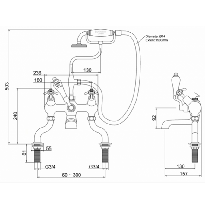 Burlington Anglesey Смеситель на борт ванны с изливом 13 см и ручным душем, цвет: хром глянец AN19-QT