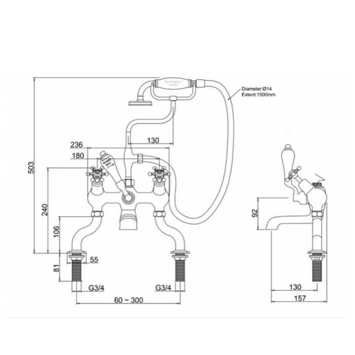 Burlington Birkenhead Смеситель на борт ванны, излив 13 см и ручным душем, цвет: хром/белый глянец BI19-QT
