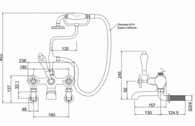 Burlington Classic Смеситель для ванны с ручным душем и держателем, цвет: хром/белый глянец CL17-QT