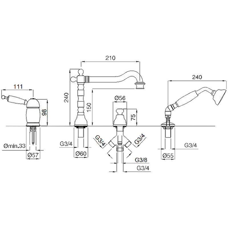Смеситель Migliore Oxford на борт ванны 19154
