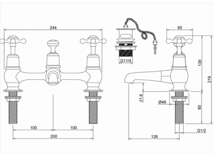 Burlington Classic Смеситель для раковины на 2 отв, излив 2,2h см, с пробкой, цвет: хром/белый глянц CL10-QT