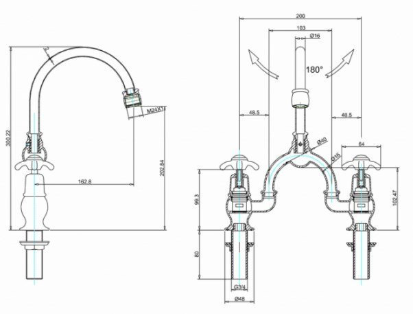Burlington Classic Смеситель для раковины на 2 отверстия, излив 20h см, цвет: хром/белый глянец AN27-QT