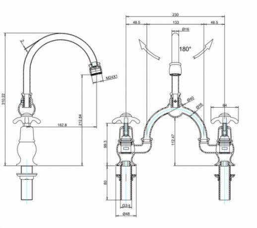 Burlington Classic Смеситель для раковины на 2 отверстия, излив 21h см, цвет: хром/белый глянец AN28-QT