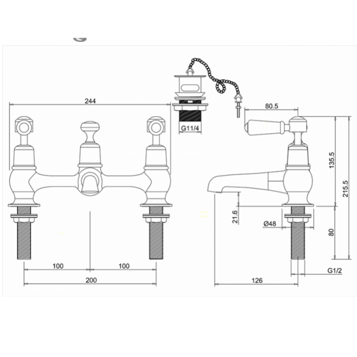 Burlington Kensington Смеситель для раковины на 2 отв, с пробкой и цепочкой, цвет: хром/белый глянец KE10-QT