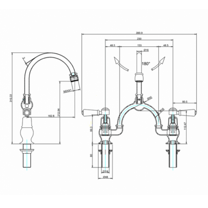 Burlington Kensington Смеситель для раковины на 2 отверстия, излив 21h см, цвет: хром/белый глянец KE28-QT