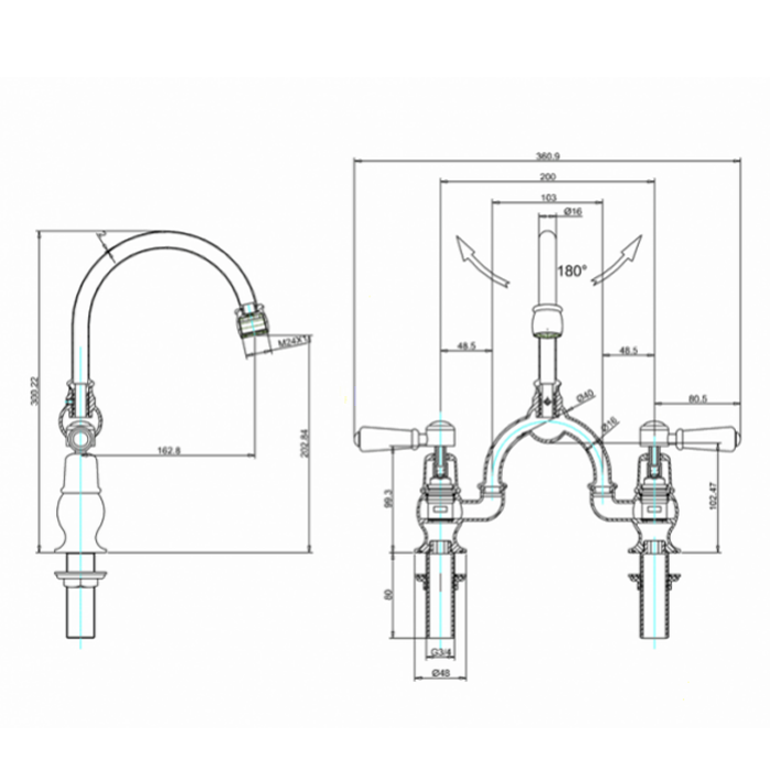 Burlington Kensington Смеситель для раковины на 2 отверстия, излив 20h см, цвет: хром/черный глянец KE27-QT BLA
