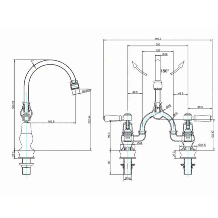 Burlington Kensington Смеситель для раковины на 2 отверстия, излив 20h см, цвет: хром/черный глянец KER27-QT BLA
