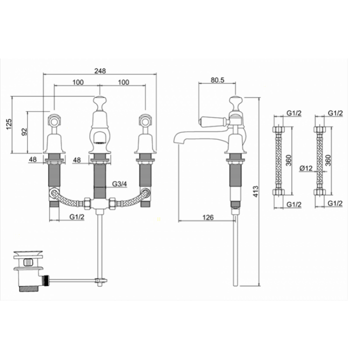 Burlington Kensington Смеситель для раковины на 3 отверстия, излив 2,2h см, цвет: хром/белый глянец KE12-QT